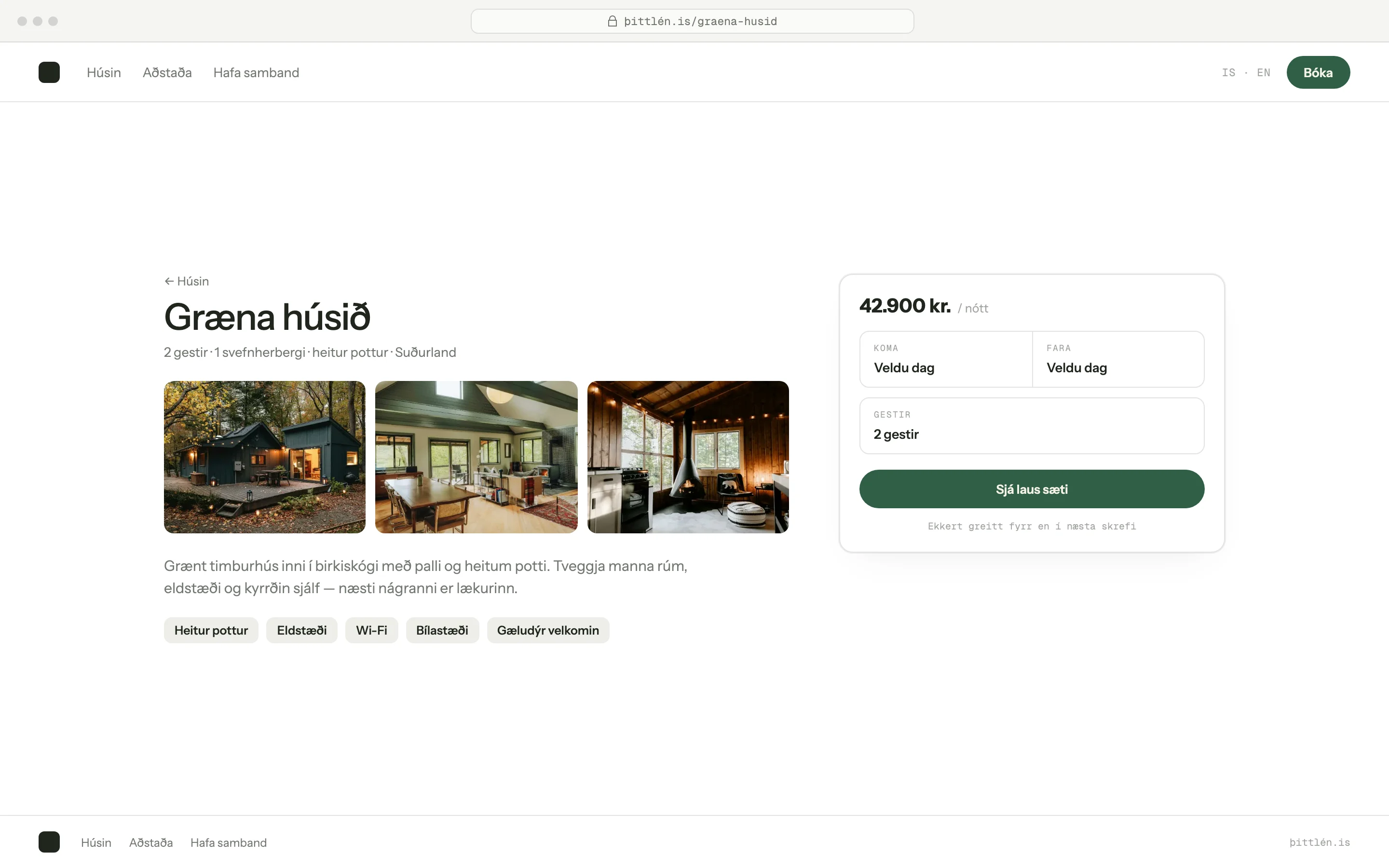 Gistisíða með myndasafni og bókunarspjaldi