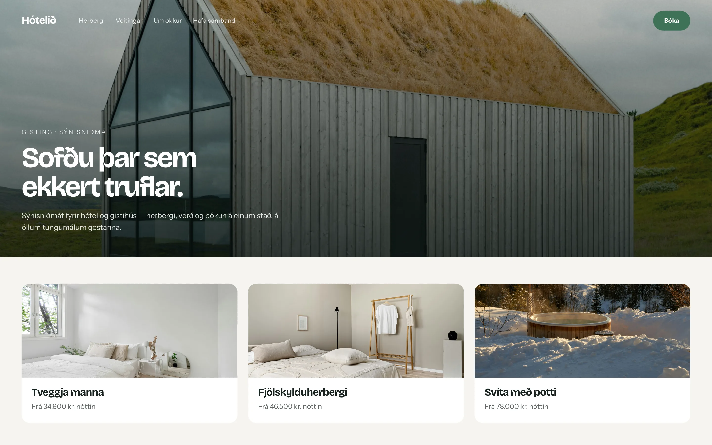 Sniðmát fyrir hótel — forsíða með herbergjum og verði