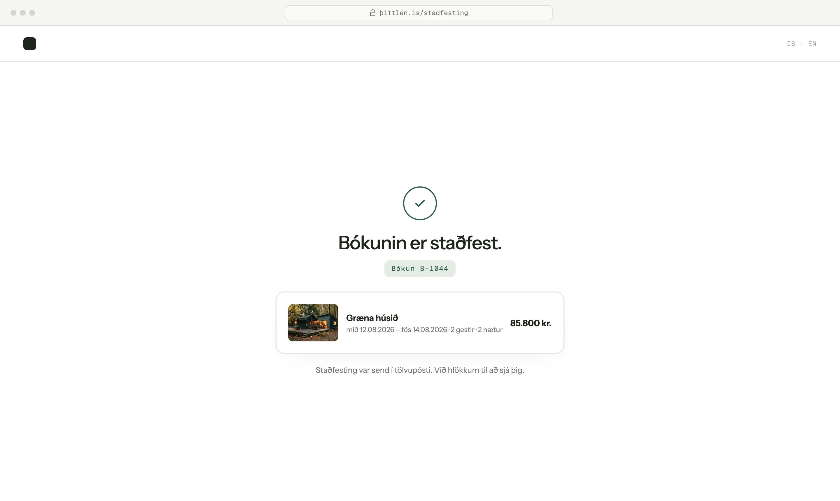 Staðfestingarsíða með bókunarnúmeri og yfirliti