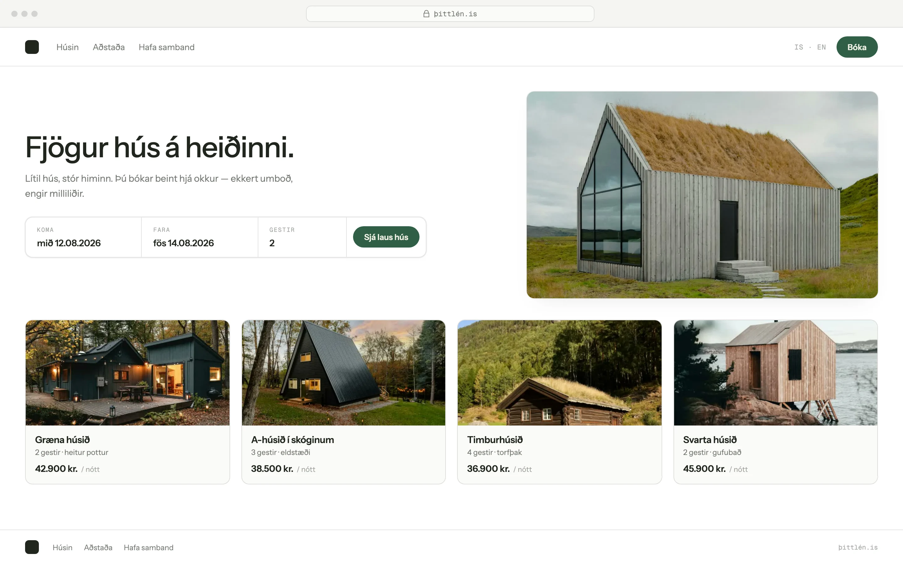 Forsíða gistivefs með dagsetningavali og húsunum í boði