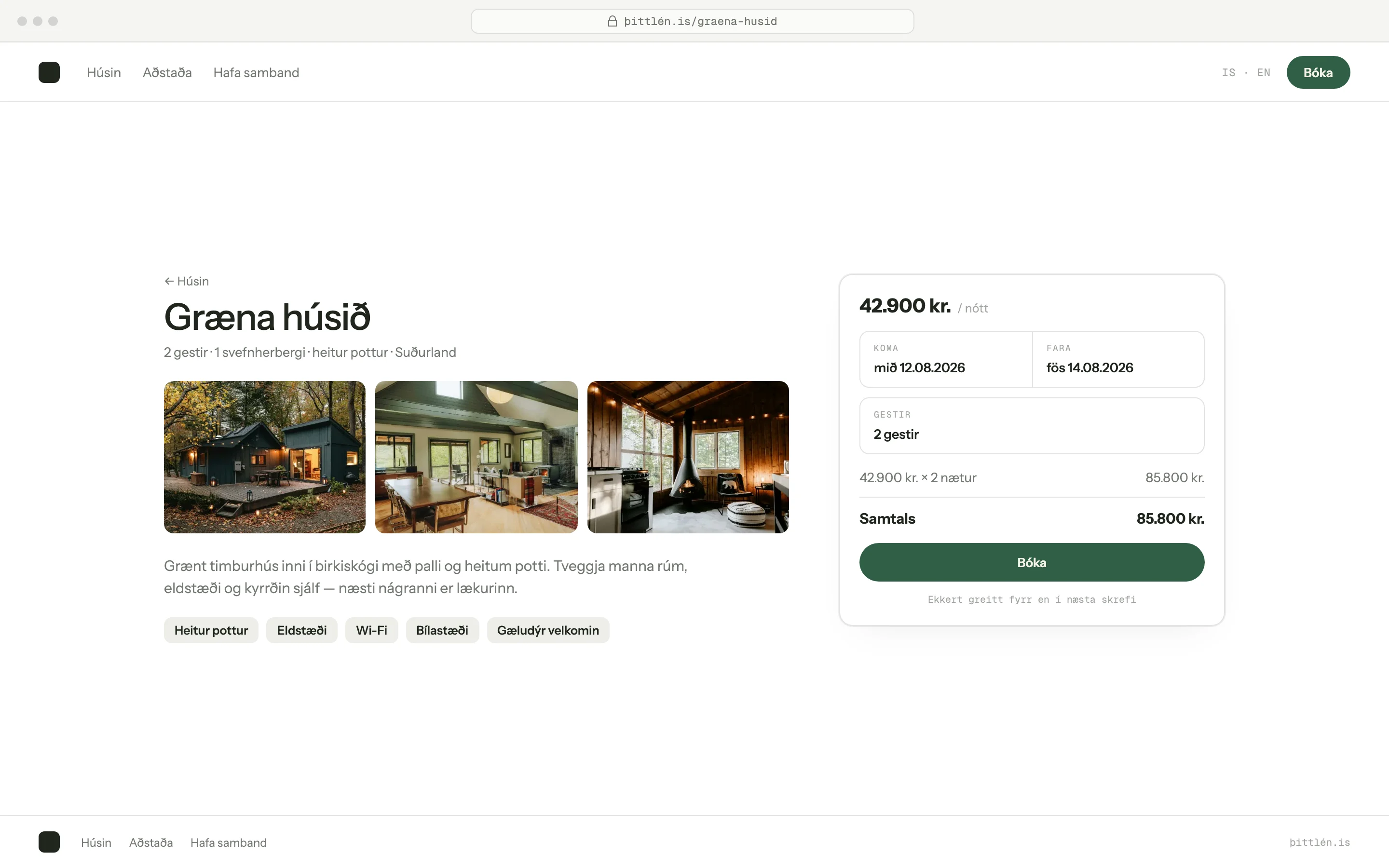 Gistisíða með myndasafni, lýsingu og bókunarspjaldi
