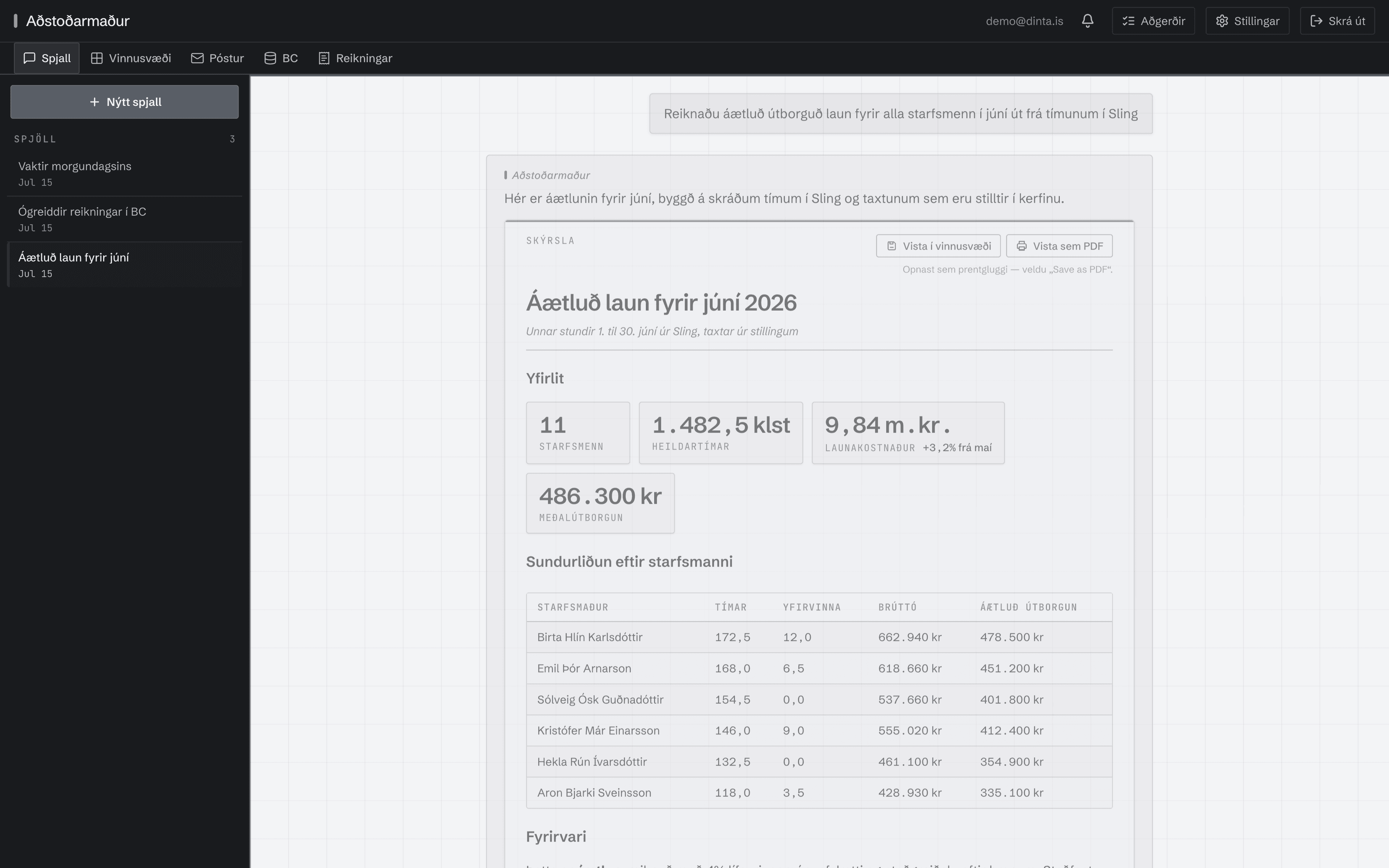 Assistant: a chat that calculates estimated payroll from scheduled hours and renders a report with an overview and a per-employee breakdown